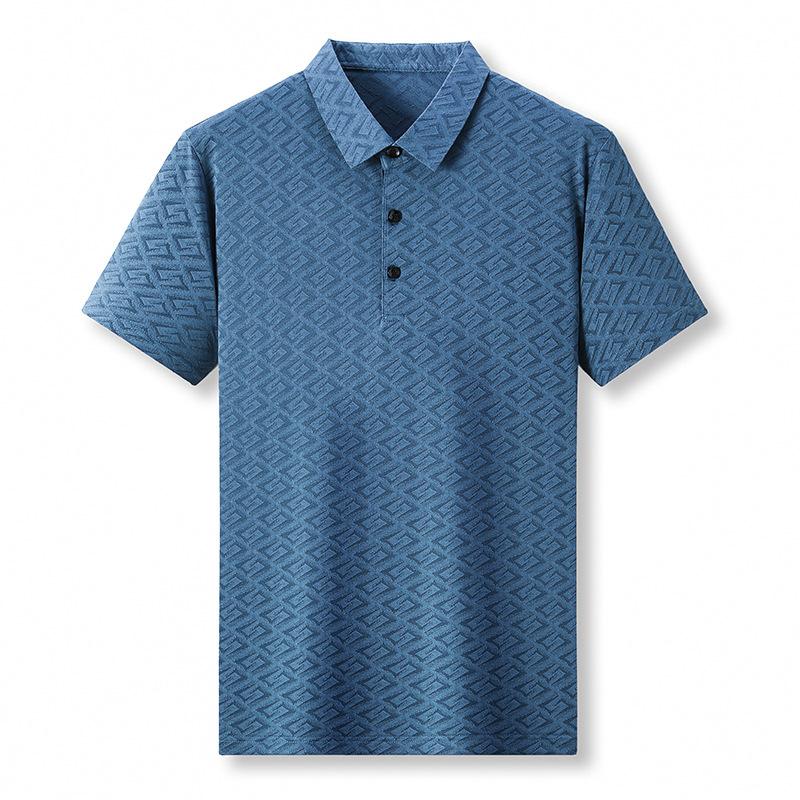 Men'S Polo Shirt Short-Sleeved Business High-End Solid Color Clothes Ice Silk T-Shirt Thin Medium Blue