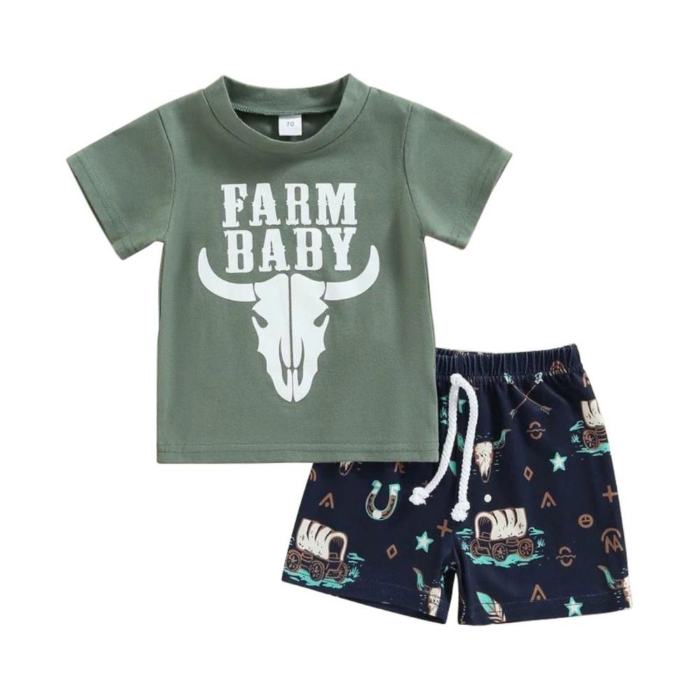 Baby Clothes Set Cattle Printed Short Sleeve Top T-shirt+Drawstring Shorts 2Pcs Infants Casual Outfits Toddler Clothes