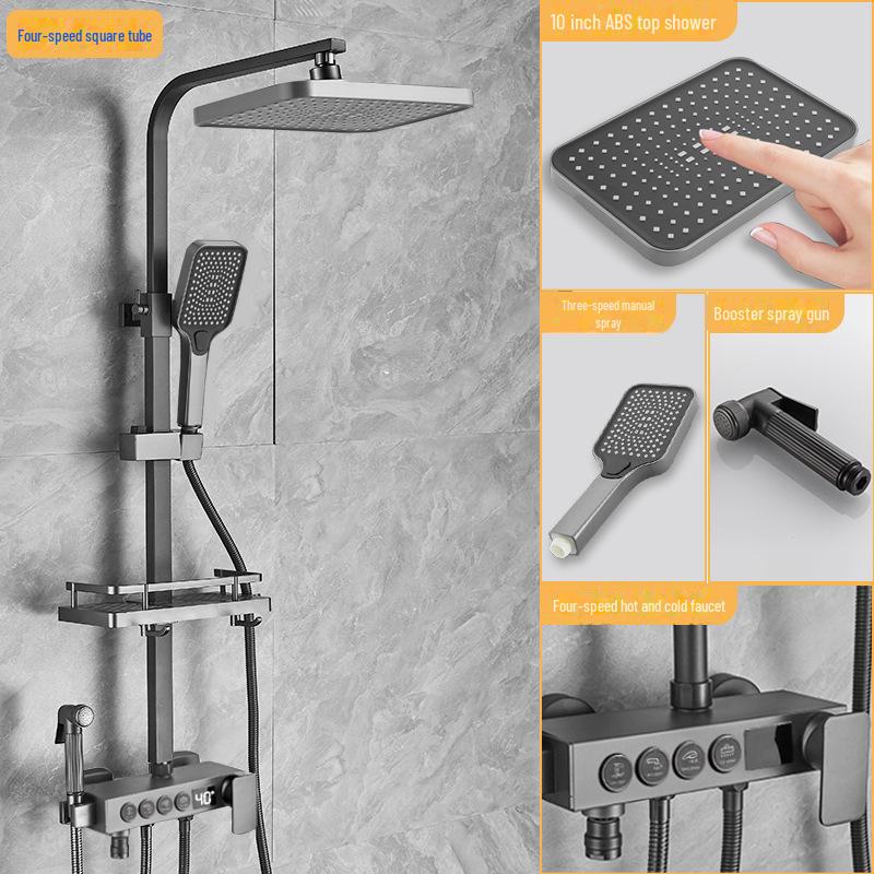 

Термостатический душевой гарнитур из нержавеющей стали серого цвета с тропическим душем и функцией усилителя