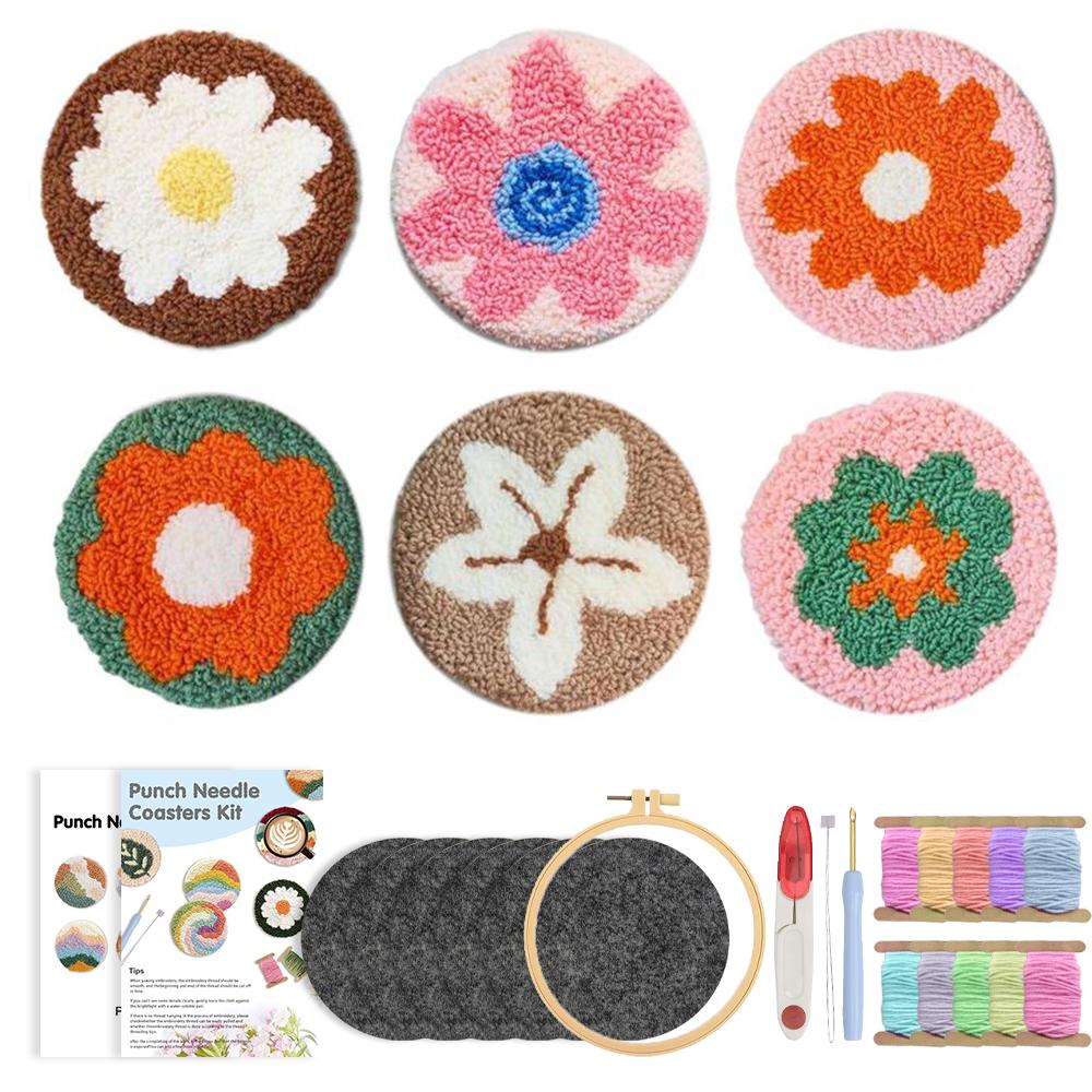 6pcs Craft Punch Needle Coaster Kit for Beginners Adults Animal Flower Punch Needling Coaster DIY Embroidery for Mom Gift