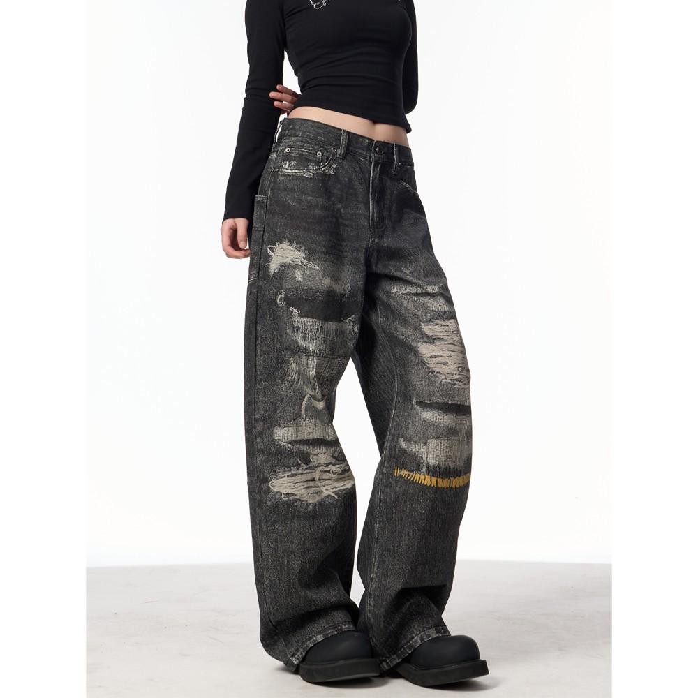 

Unisex Distressed Mud-Dye Straight Leg Denim Jeans: Loose Fit Casual Design M чёрный