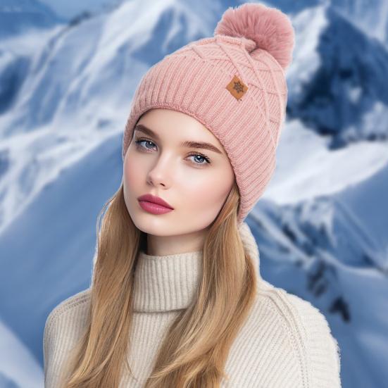 Women Winter Knitted Hat with Faux Fur Pom Pom Ball