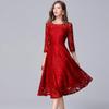 European & American Plus Size Red Lace Swing Dress - Spring/Autumn Fashion 200 Jin