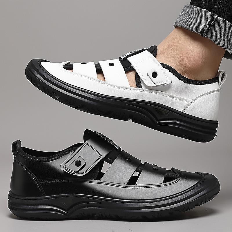 Herren Tasche Kopf Sandalen Sommer hohl atmungsaktiv Freizeitschuhe Outdoor Strandschuhe Lochschuhe weiches Leder weiche Sohle