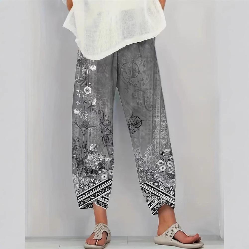 

Женские летние повседневные брюки свободного кроя с принтом для отпуска, удобные мягкие брюки XL серый