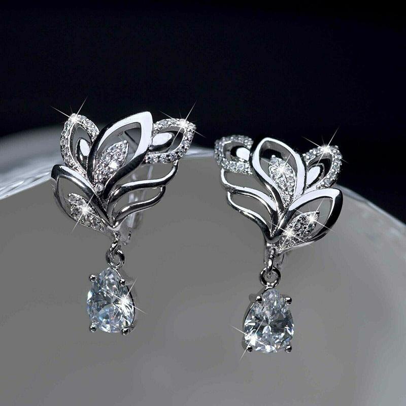 Openwork Hollow Leaf Shaped Clip Earrings Paved Round Cubic Zirconia with Hanging Pear Cut Crystal Drop Elegant Formal Ladies Accessories