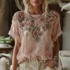 Women Tops Round Neck Short Sleeve Pullover Tops Loose Fit Faux Pearls 3D Floral Decor Sun Protection Lightweight Casual Summer Tops