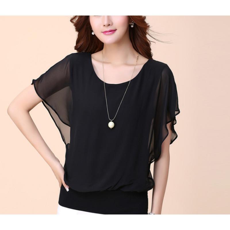 Summer new chiffon shirt women's short-sleeved large-size women's clothing thin bat chiffon top bottoming shirt