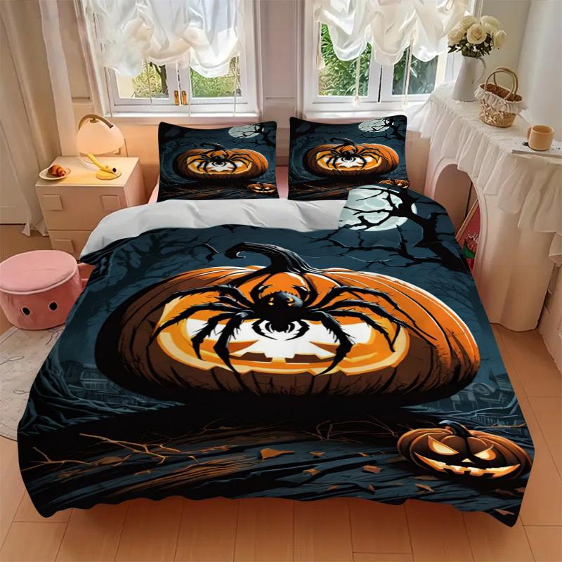 3pcs Spider-themed Jack-o'-lantern Duvet Cover Set - Includes 1 Duvet Cover and 2 Pillowcases, No Quilt Core, All-Season Home Decor Yy251111019