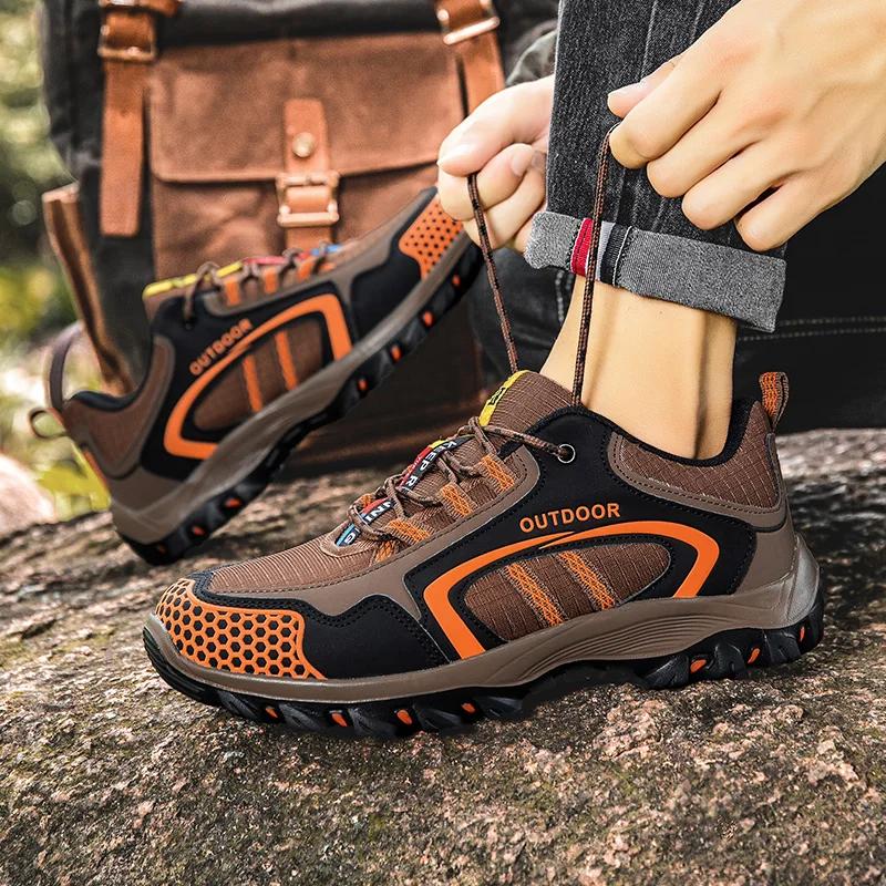 Fashion Men Hiking Shoes Leather Outdoor Trail Running Shoes Anti-slip Casual Hiking Training Sneakers Zapatillas Para Hombre Masculino