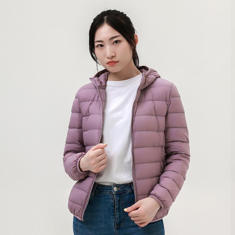 Autumn and winter new women's light stand-up collar hooded down jacket white duck down women's slim fit large size light jacket