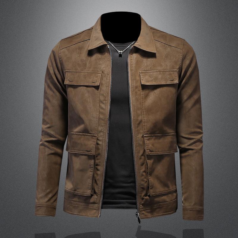

І Новий Стиль Шкіряна Куртка з Відкладним Коміром Чоловіча Європейська Станція Діловий Кежуал Шкіряне Пальто Приталена Модна Верхній Одяг 8635 L хакі
