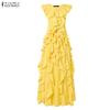 ZANZEA Women Casual V-Neck Sleeveless Ruffles Long Dress Holiday