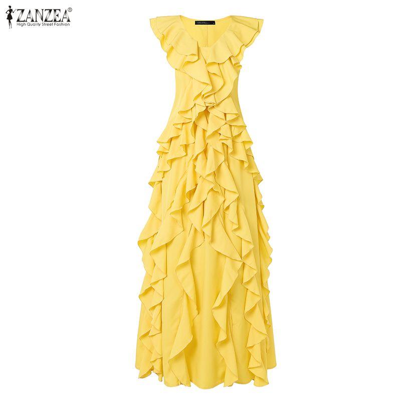 ZANZEA Women Casual V-Neck Sleeveless Ruffles Long Dress Holiday
