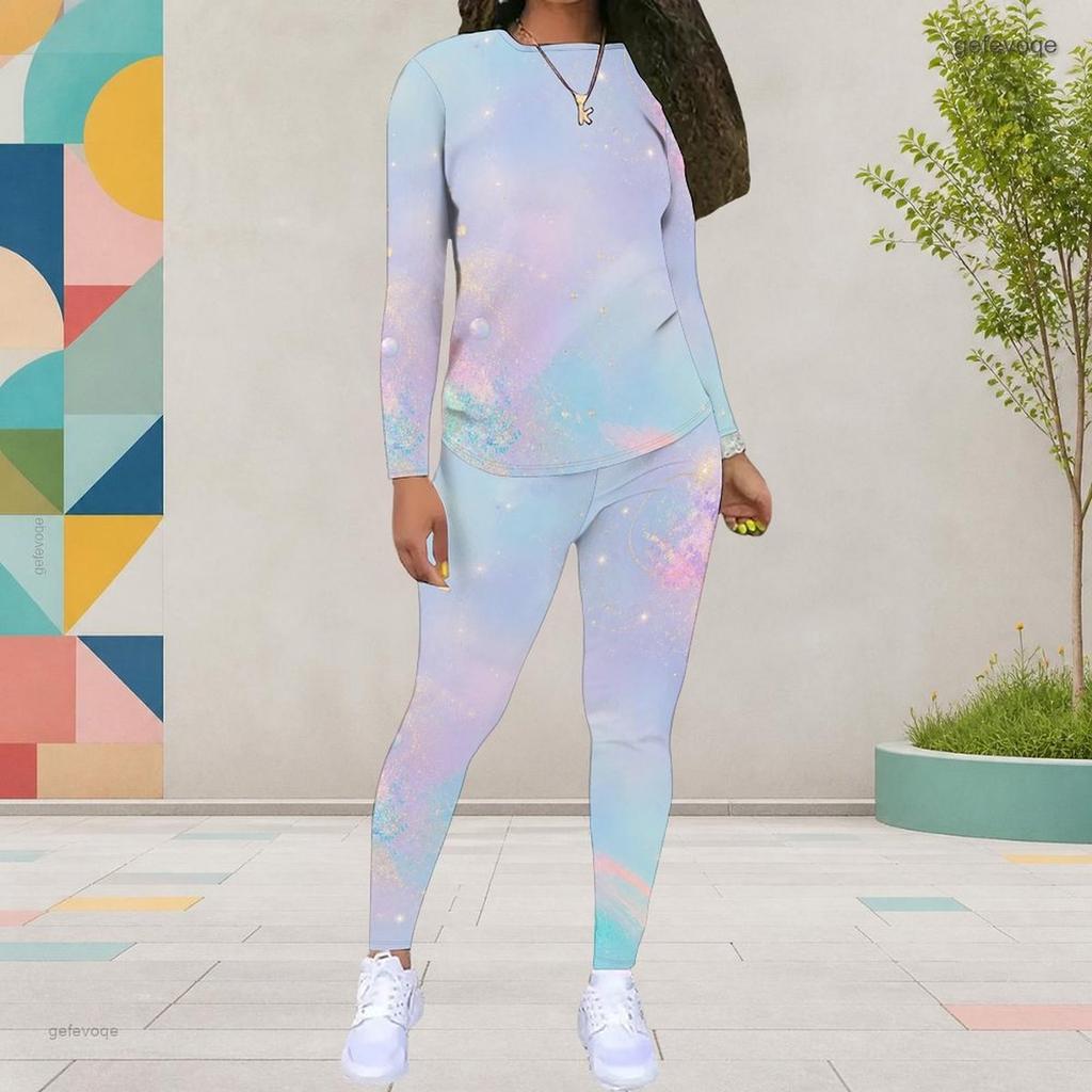Women Plus Size Black Printed Round Neck Long Sleeve Top And Fitted Pants Two Piece Set