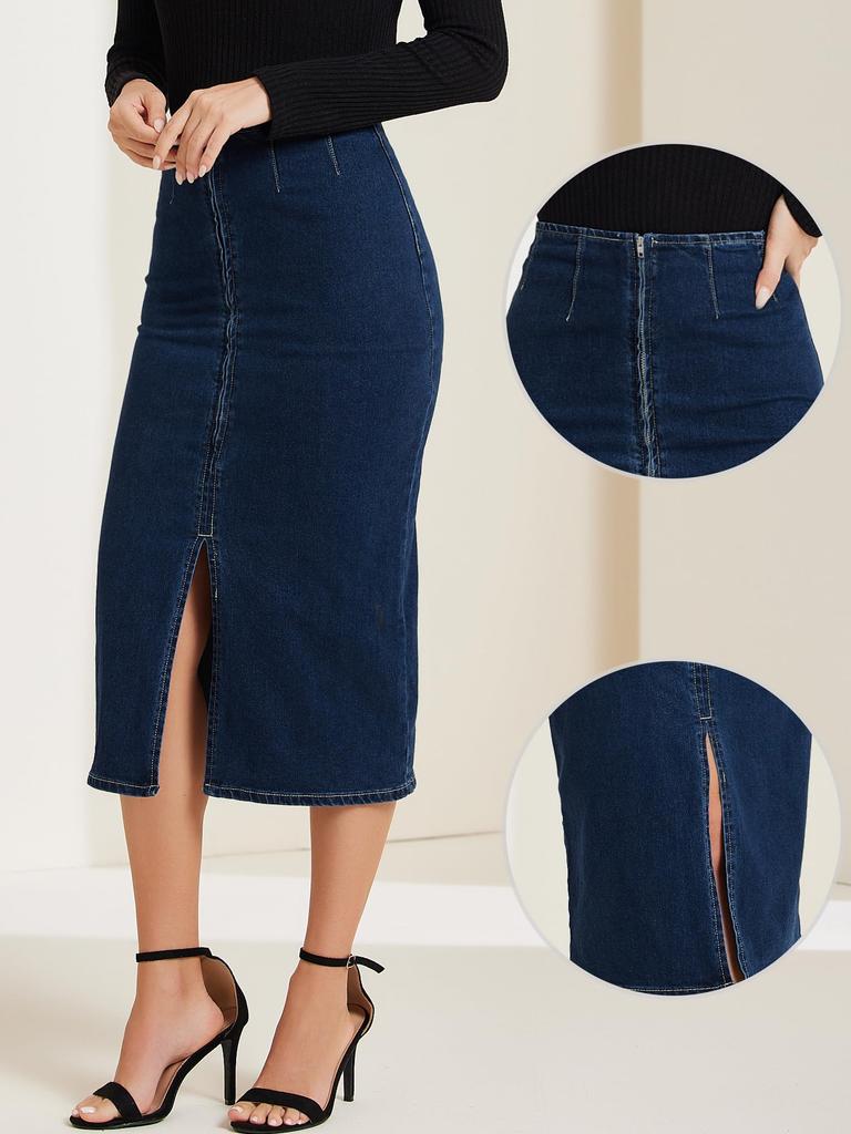 Allegra K Women's Maxi Denim Skirt, Front Slit, Zipper, High Waist, Bodycon Jeans Skirt, Pencil, Dark Blue, Size M