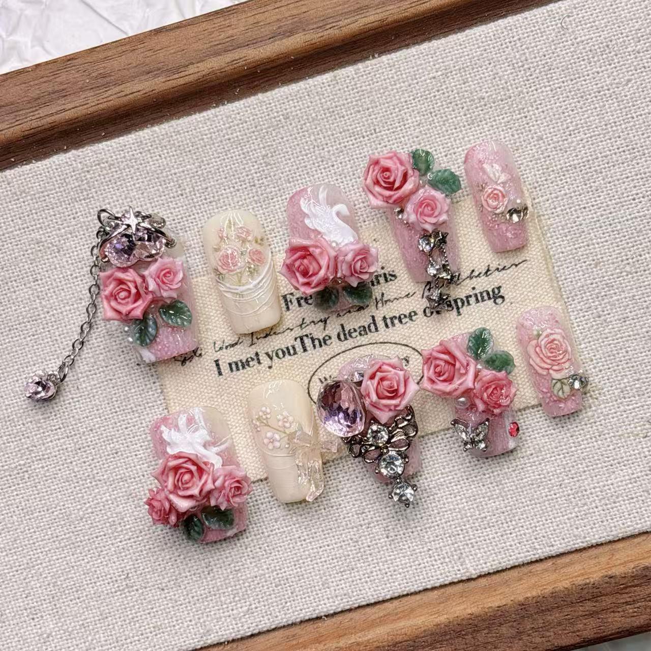 Pink Swan Chinese Style Tassel Short Almond Handmade Fake Nails