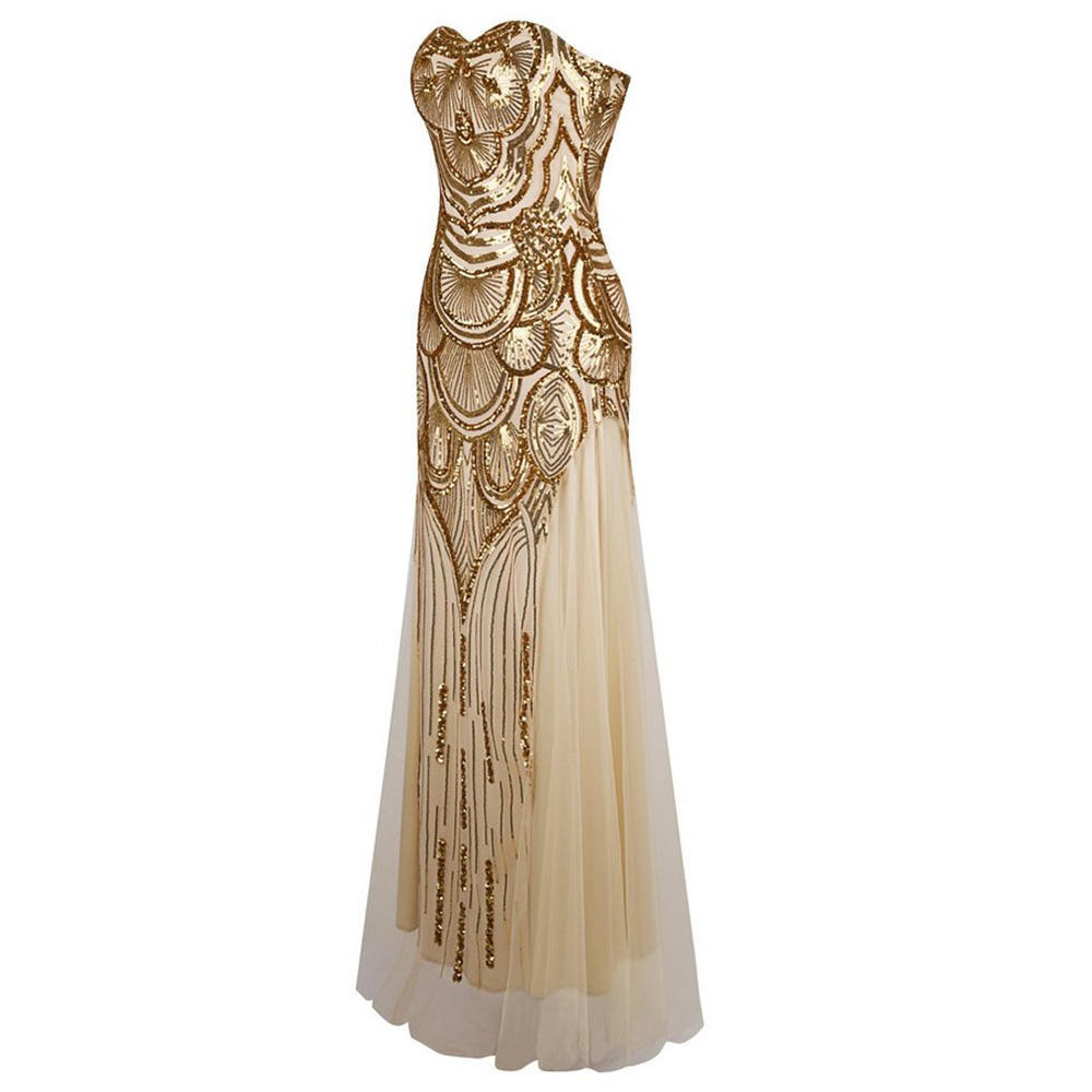 Vestido de noche de lentejuelas doradas mujeres largas Impresionantes  vestidos de noche dorados sin tirantes Forma de fiesta de novia comprar a  buen precio — entrega gratuita, reseñas reales con fotos — Joom