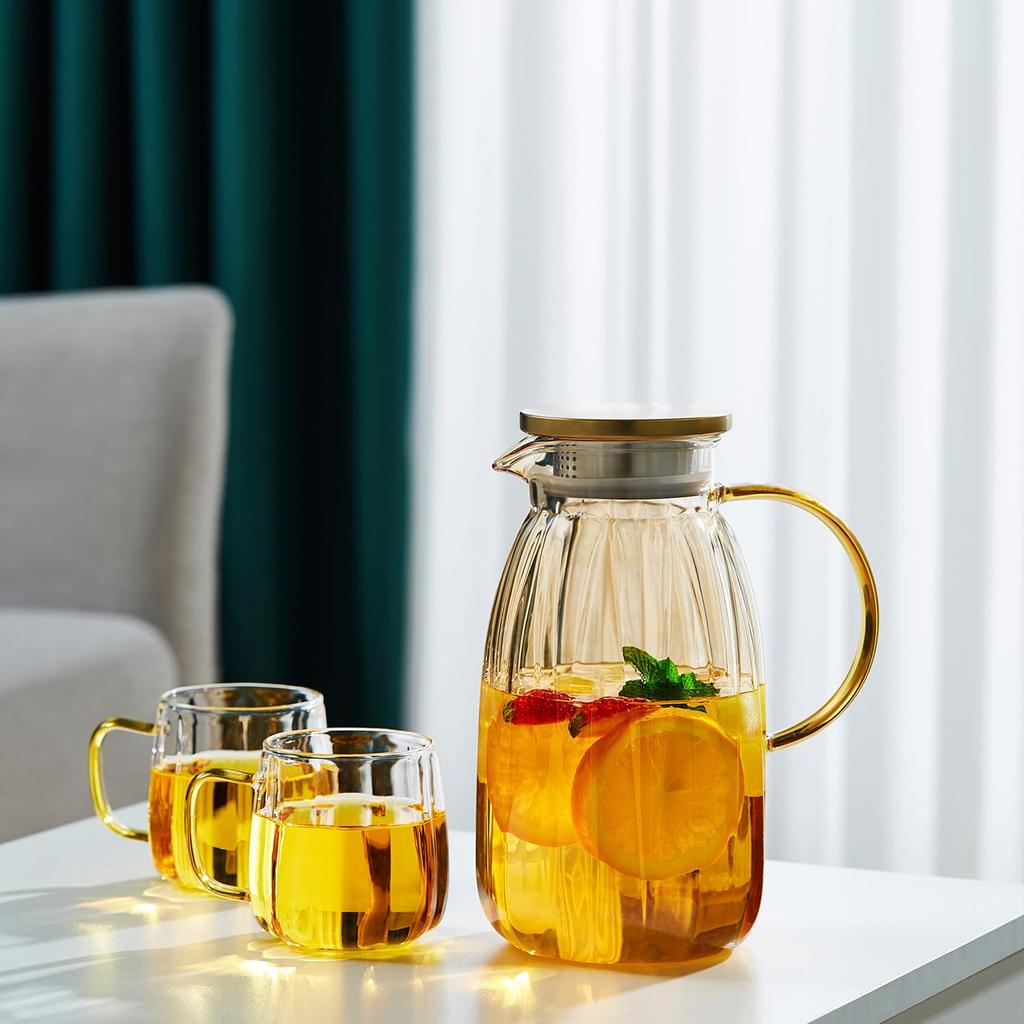 Pokaro Tea Barley Tea 2 Tea Glass Water Cold Carafe for Barley Iced Fruit and Elegant and Modern Design with 2000ml Pot/Pitcher, Liters,