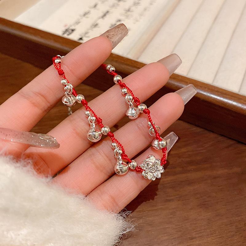 1Pcs Ethnic Trendy Hand Accessories Pulseras Chinese Style Woven Bracelets Red Rope Bell Lotus Flower Bracelets For Women