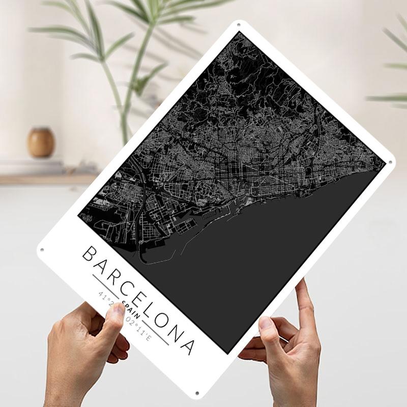 Barcelona Karte Blechposter Benutzerdefinierte Wandkunst Vintage Metallschilder Retro Blechschild für Moderne Hausdekoration Luxushaus