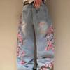 VIONA Y2K Harajuku Patchwork Kirschblüten Bestickte Jeans Hip Hop High Street Streetwear Locker Gerade Weiter Beinform Jeans