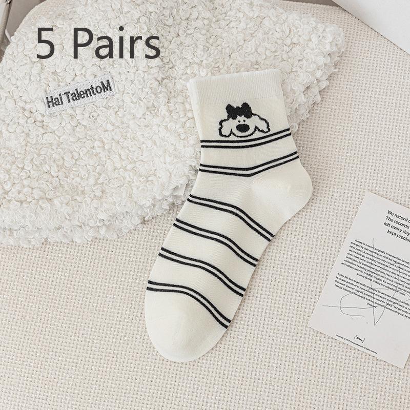 5 Pairs of Female Summer Polka Dot Lovely Cartoon Non Slip Breathable Tube Socks