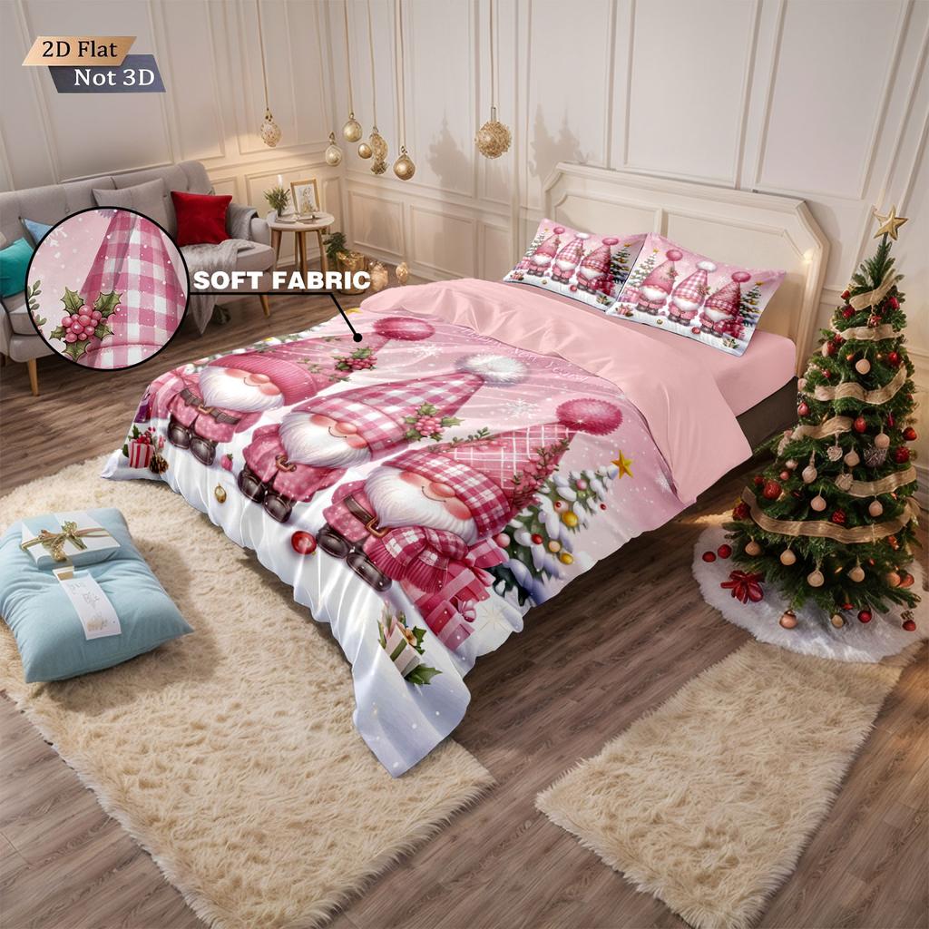 3pcs Pink Merry Christmas Little Dwarf Printed Chipless Bedding Set Multi Size Bedroom Bedding Decoration Machine Washable