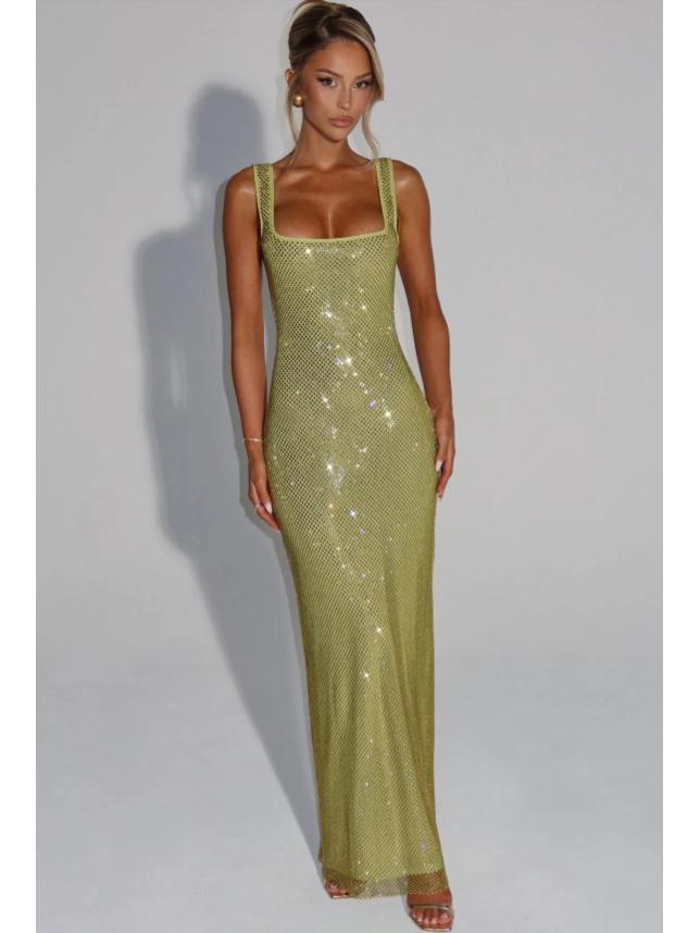 Elegant 2025 Sequin Rhinestone Bodycon Evening Dress with Double Shoulder Strap