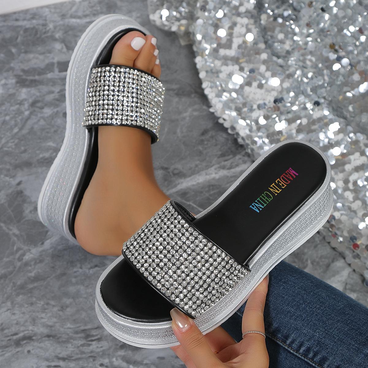 

Модні літні тапочки 2024 року, круглий носок, танкетка, платформа, повсякденне жіноче взуття, модні жіночі сандалі з відкритим носком, шпильки зі стразами 37 чорний