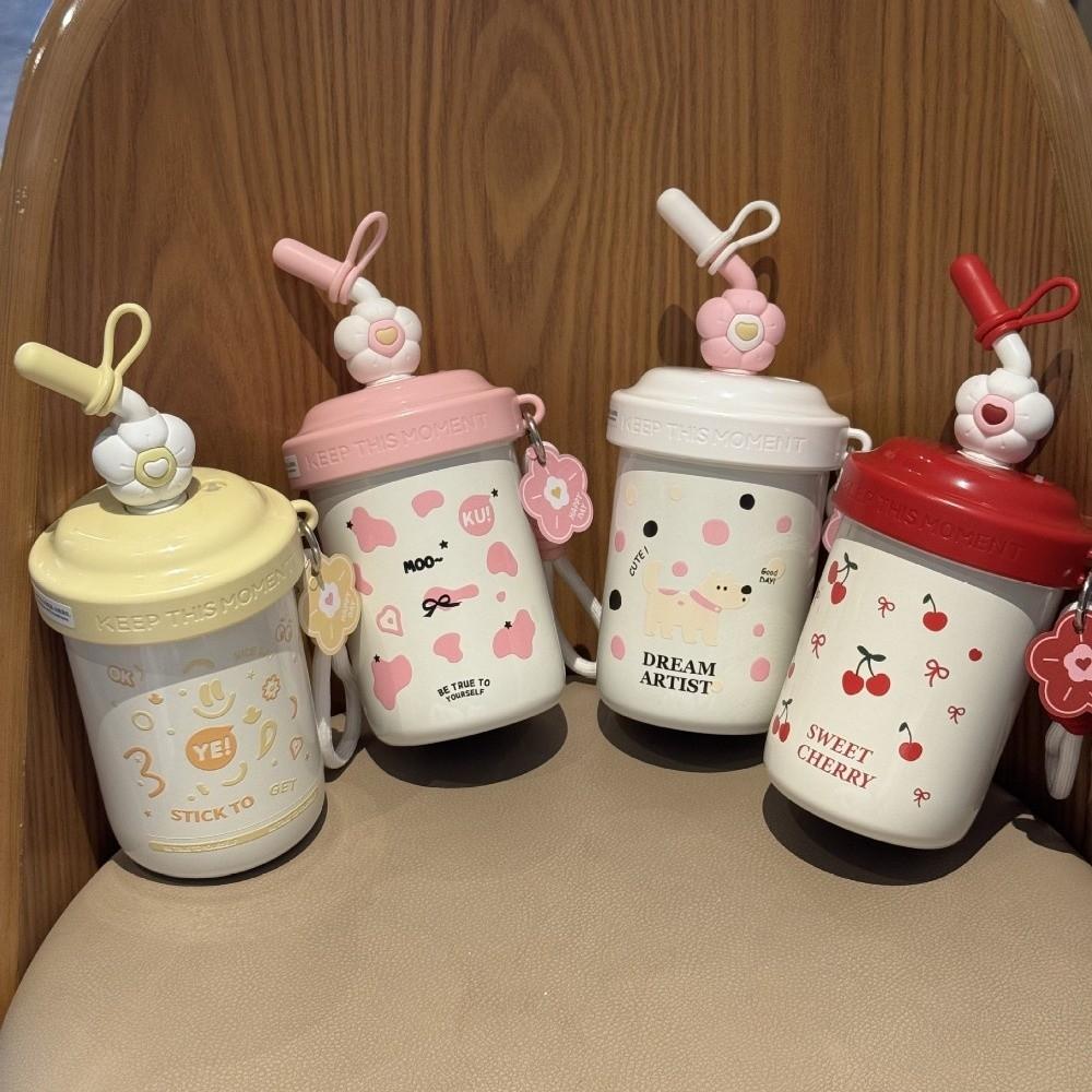 Cute Stainless Steel Straw Mixing Insulated Cup Leak Proof 520ml Vacuum Tumbler Keep Hot &Cold with Handle Milk Coffee Mug