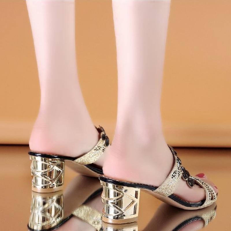 Glitter Mesh Women Sandals Summer Fashion Outdoor Peep Toe Casual Beach Slippers Thick Heel Slip On Women Sandals
