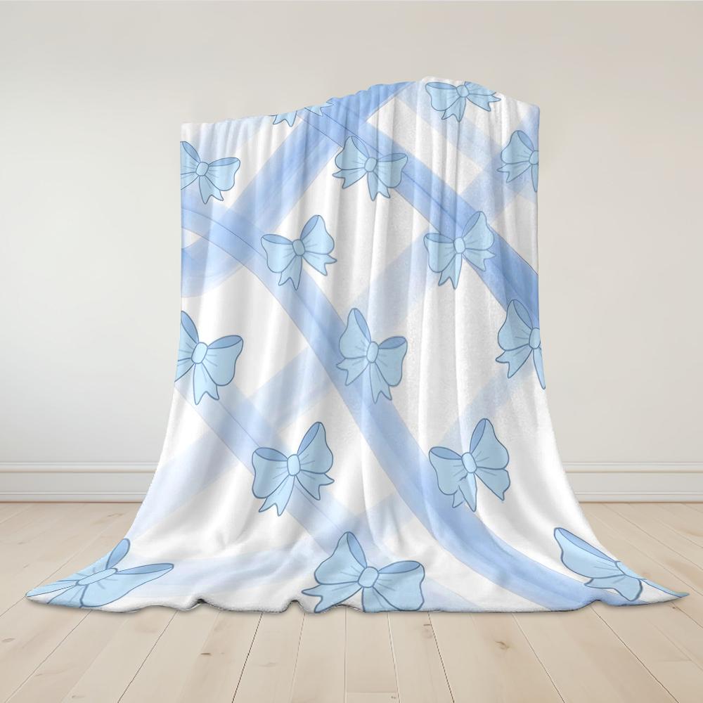 Blue Bows and Ribbons Flannel Blanket Warm Soft Halloween Christmas Couch Warm Cozy Decorative Decor Gift for All Season