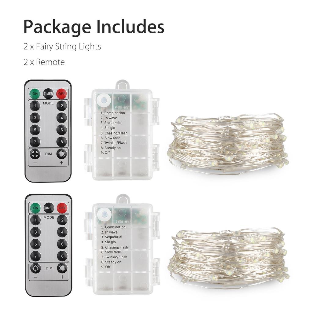 2Pcs Battery Box String Lights With Remote Control 8 Functions For Indoor Christmas Weddings