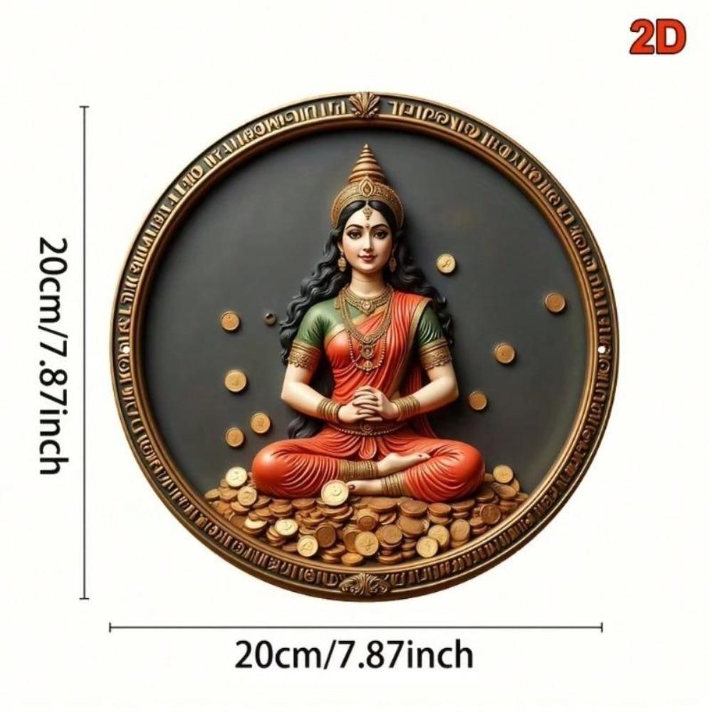 Vintage Lakshmi Metal Sign Round Wall Art Decor Wealth Prosperity Plaque