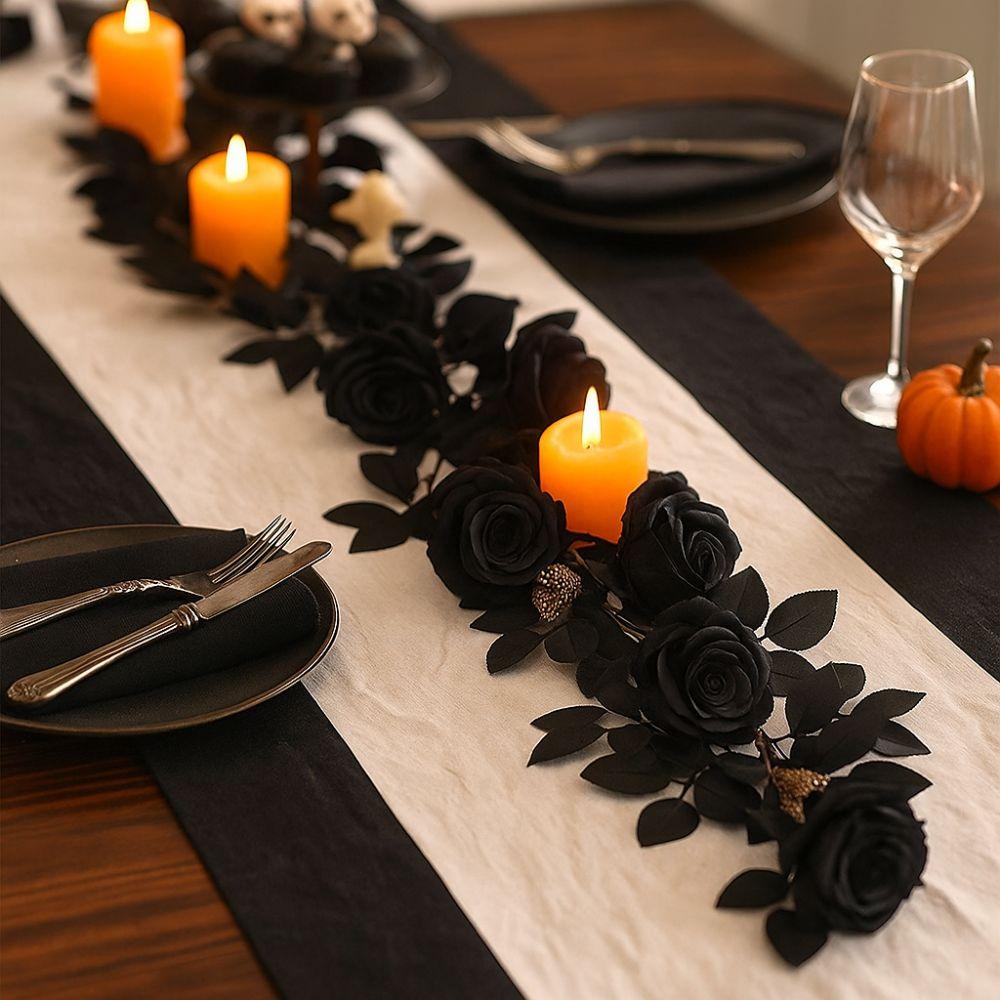 Black Artificial Rose Vines 175cm Halloween Garland Halloween Rose Leaf Vines  Table Centerpiece