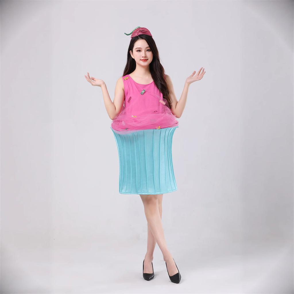 Halloween Food Ice Cream Adult Pink Cake Dress with Hat Set Funny Party Costume