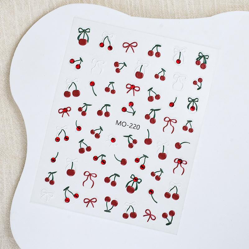 Fashion Red Cherry Rowknot 3D Nail Sticker Self-Adhesive Nail Art Decoration Sticker For Women Manicure Diy Decals Decoration