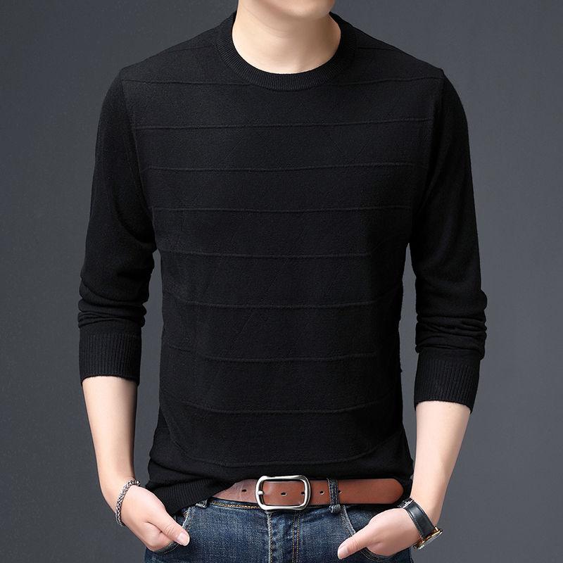 Men's Sweater Knitted Sweater Solid Color Striped Jacquard Round Neck Long Sleeved Base Top