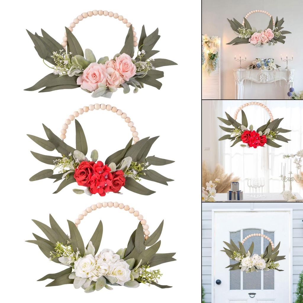 Wood Bead Floral Wreath Remembrance Gift Party Supplies Front Door Floral Hoop for Wedding Farmhouse Garden Indoor Outdoor