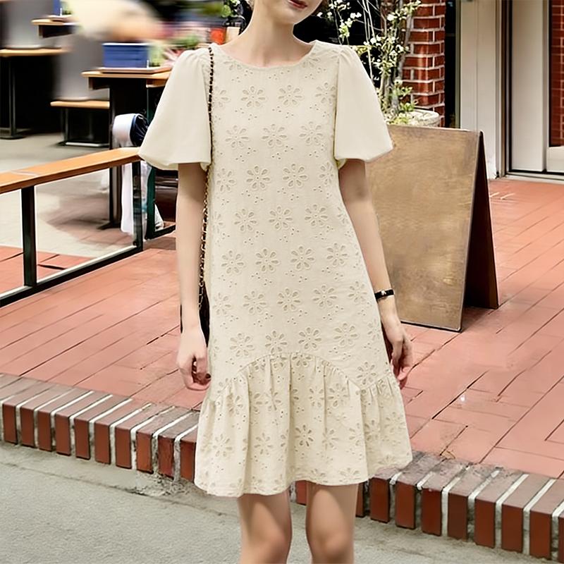 ZANZEA Women Casual Round Neck Hollow Embroidery Patchwork Loose Short Sleeve Dress M абрикосовый
