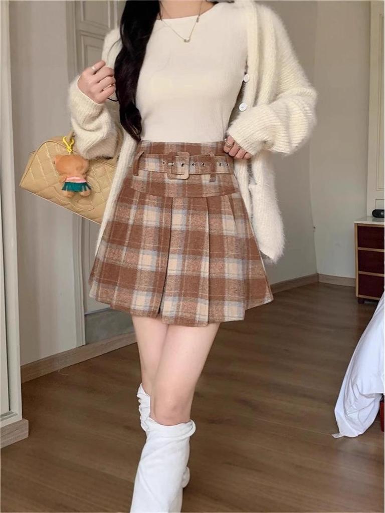Autumn 2025 Plus Size High-Waist Plaid Pleated Skirt for Women