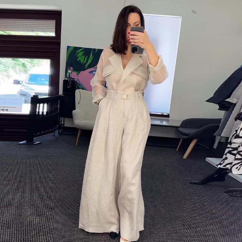 

2024 Осень Европейская и американская мода Топ с лацканами и комплект брюк с высокой талией и широкими штанинами XL абрикосовый