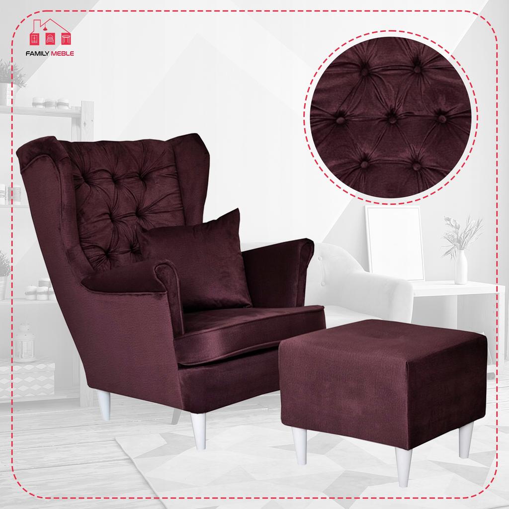 Gaja Wing Chair with Footrest Scandinavian Family Meble Burgundy Velvet