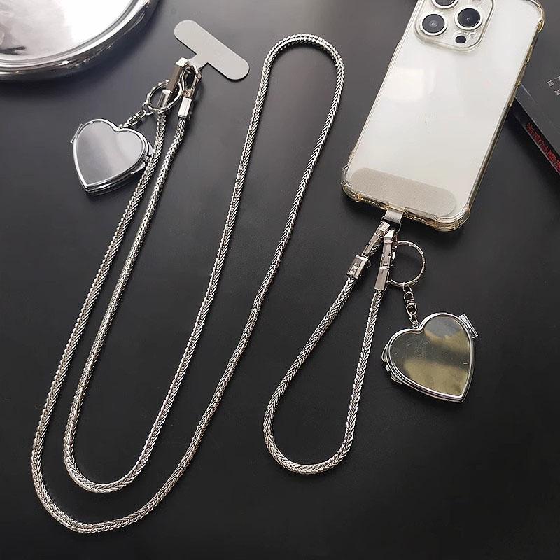 1pc Korea Silver Bone Love Heart Mirror Pendant Diagonal Lanyard Clip Style Pendant Mobile Phone Long Neck Strap Anti Loss Sling