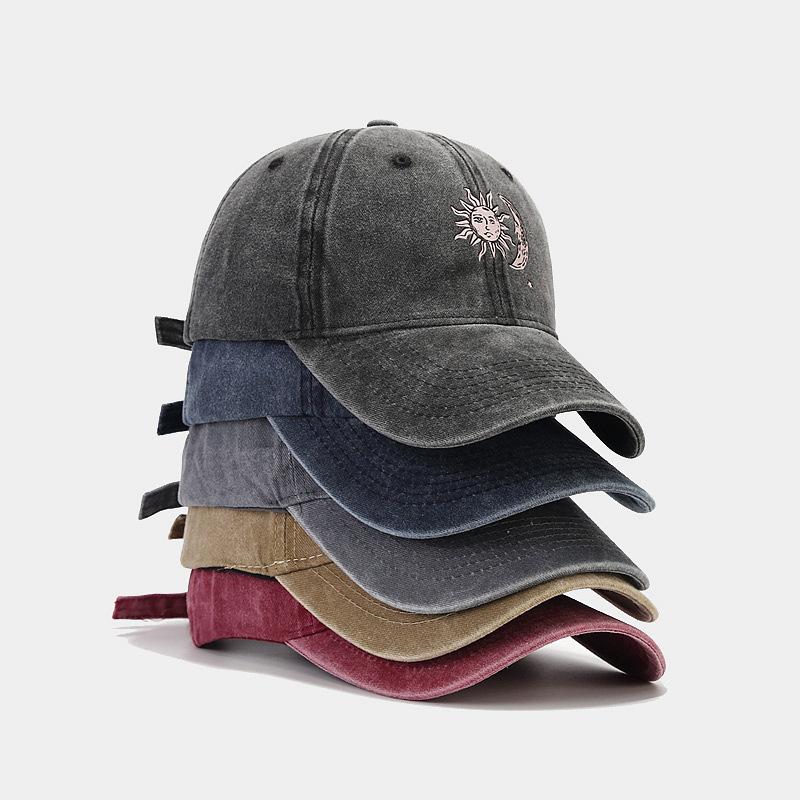 Neue Wärmeübertragung Sonne und Mond Muster weiches Oberteil Baseballkappe Paar Europäische und Amerikanische gewaschene Retro-Kappe