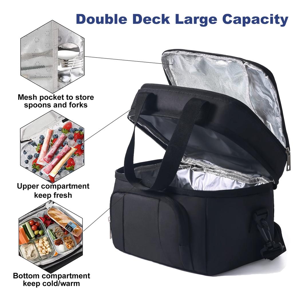 Double-Layer Insulated Lunch Bag, Portable Insulated Lunch Box, Waterproof Picnic Insulated Bag with Adjustable Shoulder Strap