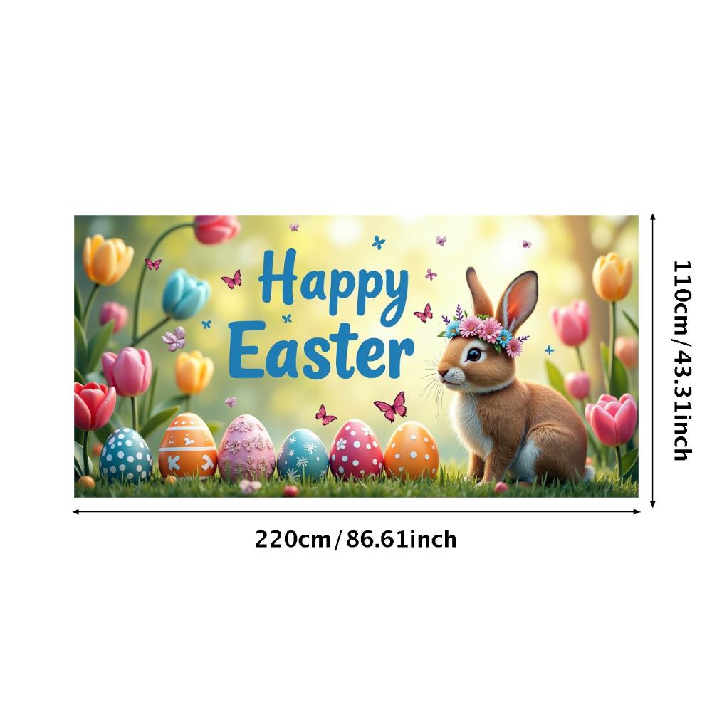 Happy Easter Banner Bunny Ears With Colorful Eggs Butterflies Backdrop Decorations Spring Celebration Background Party Supplies