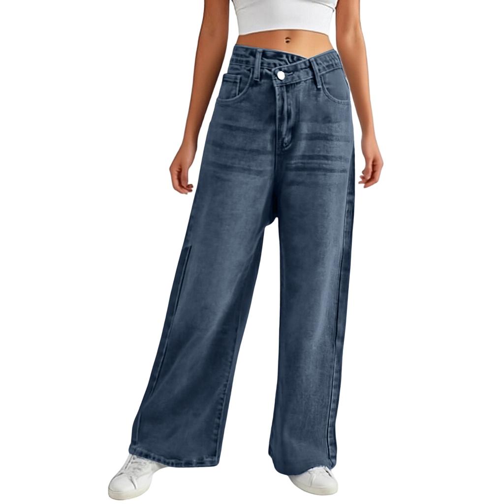 Lässige und stilvolle asymmetrische Low-Slanted Jeans mit Knopf und Reißverschluss für Damen