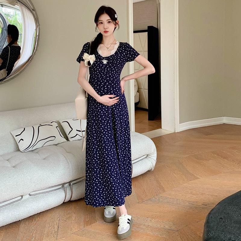 2026 Summer French Style V-Neck Floral Maternity Dress: New Arrival, Slimming and Elegant M